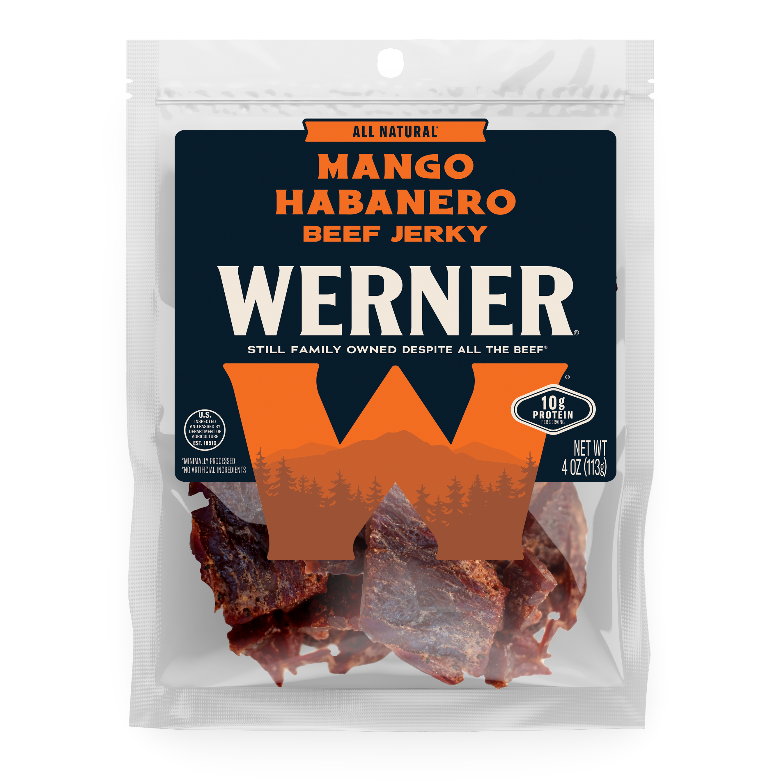 A package of Werner brand Mango Habanero Beef Jerky in a clear resealable bag with a large dark blue and orange label, showing the jerky pieces through the lower transparent section.
