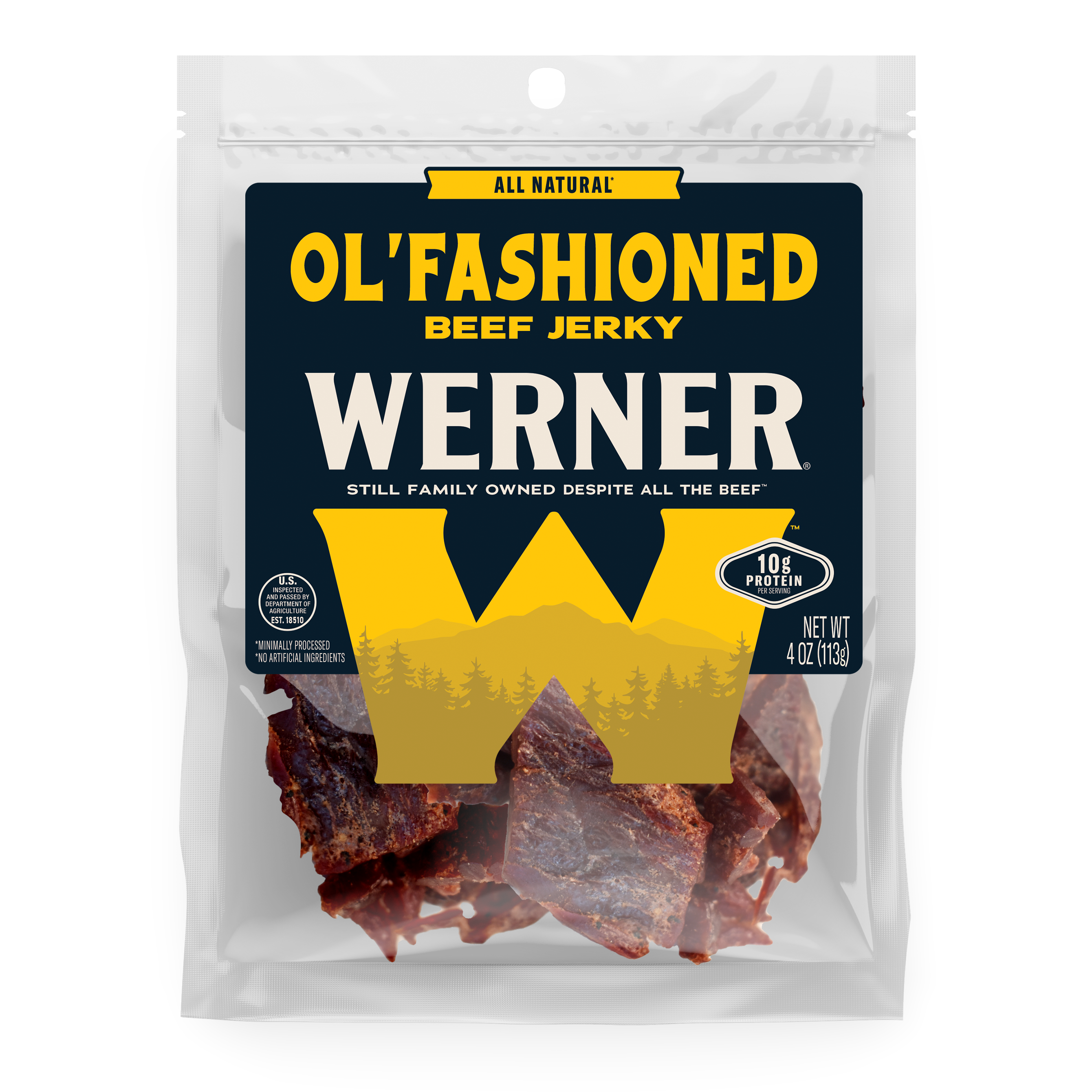 Package of Ol' Fashioned Werner beef jerky on a white background