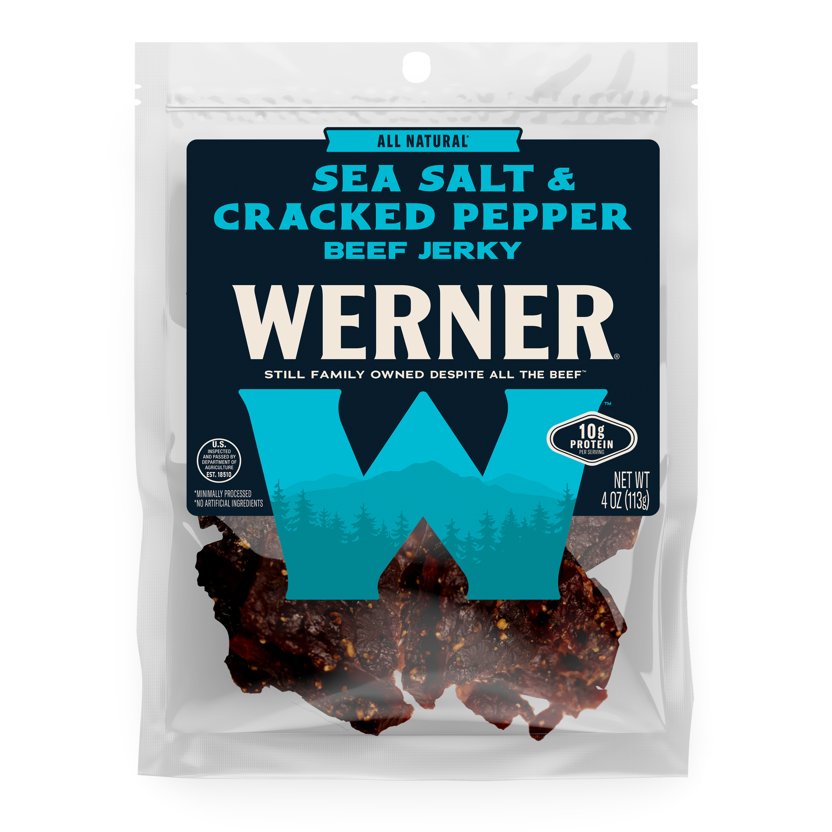 Packaged beef jerky with 'Werner' branding on a white background