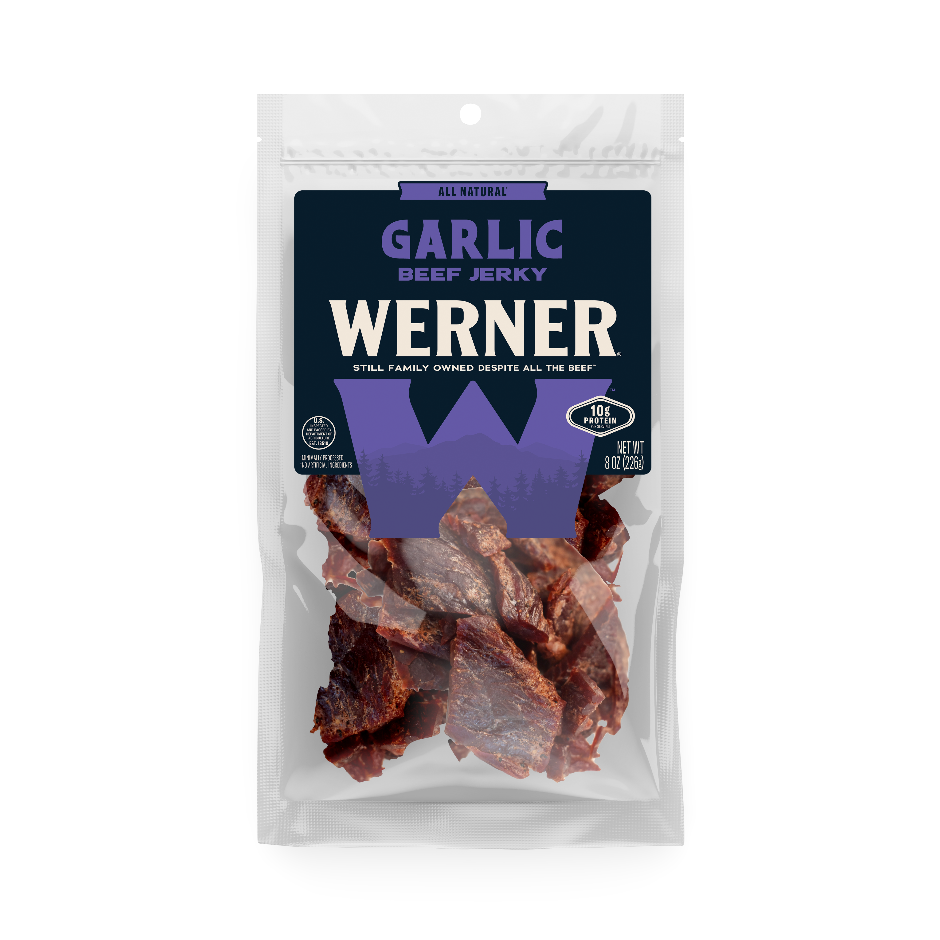 Werner Garlic Beef Jerky package on a white background