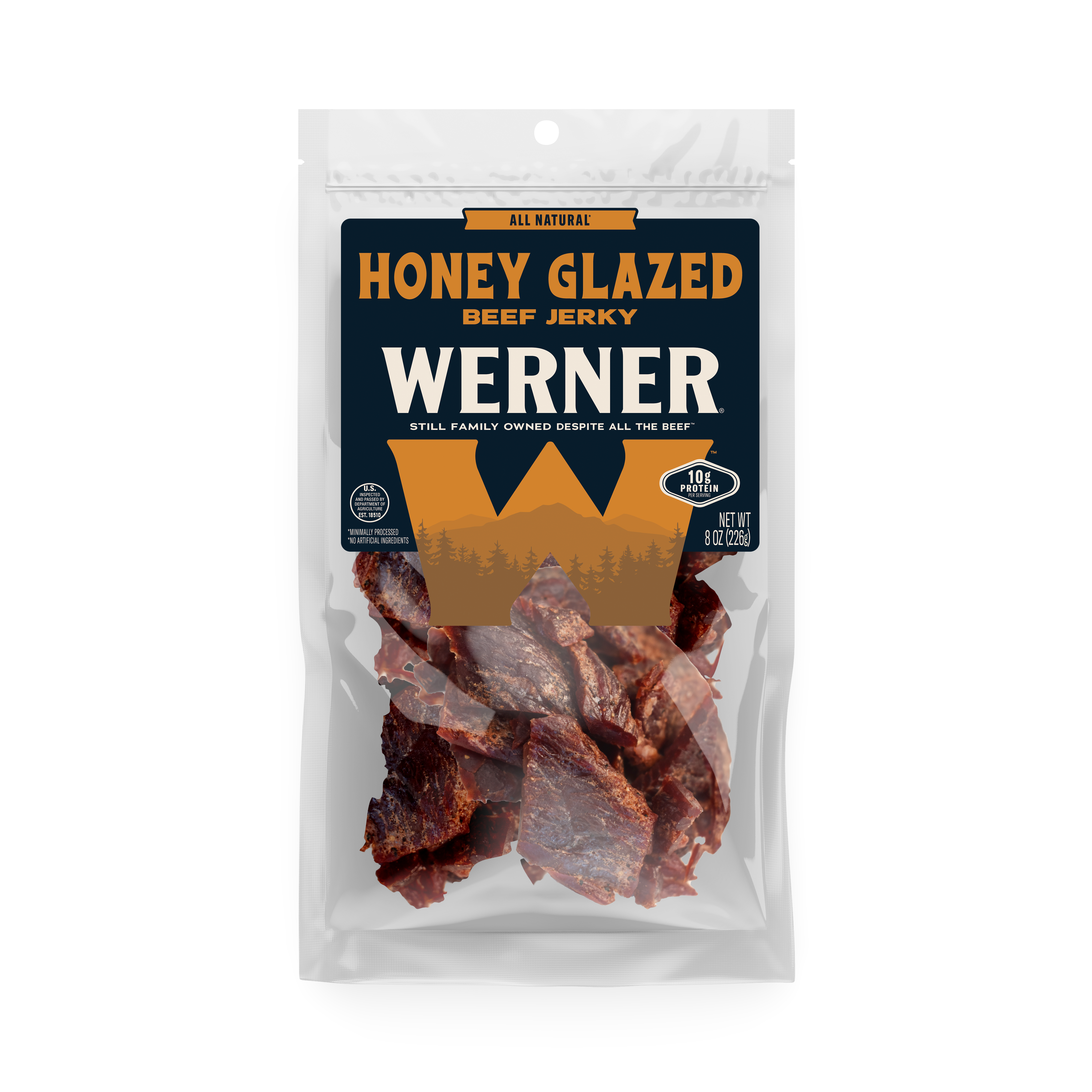 Packaged honey glazed beef jerky with Werner branding on a white background