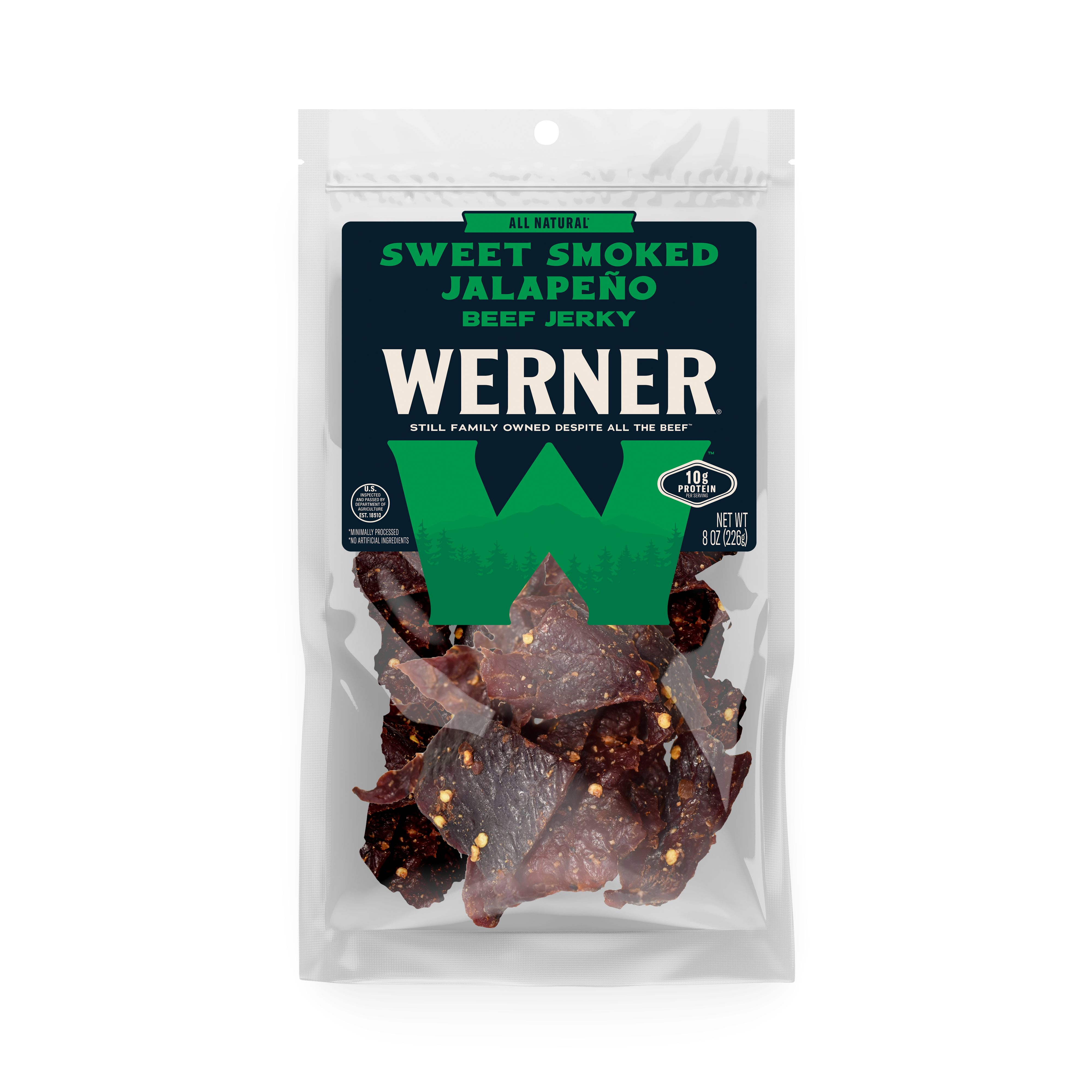 Packaged beef jerky with Werner branding on a white background