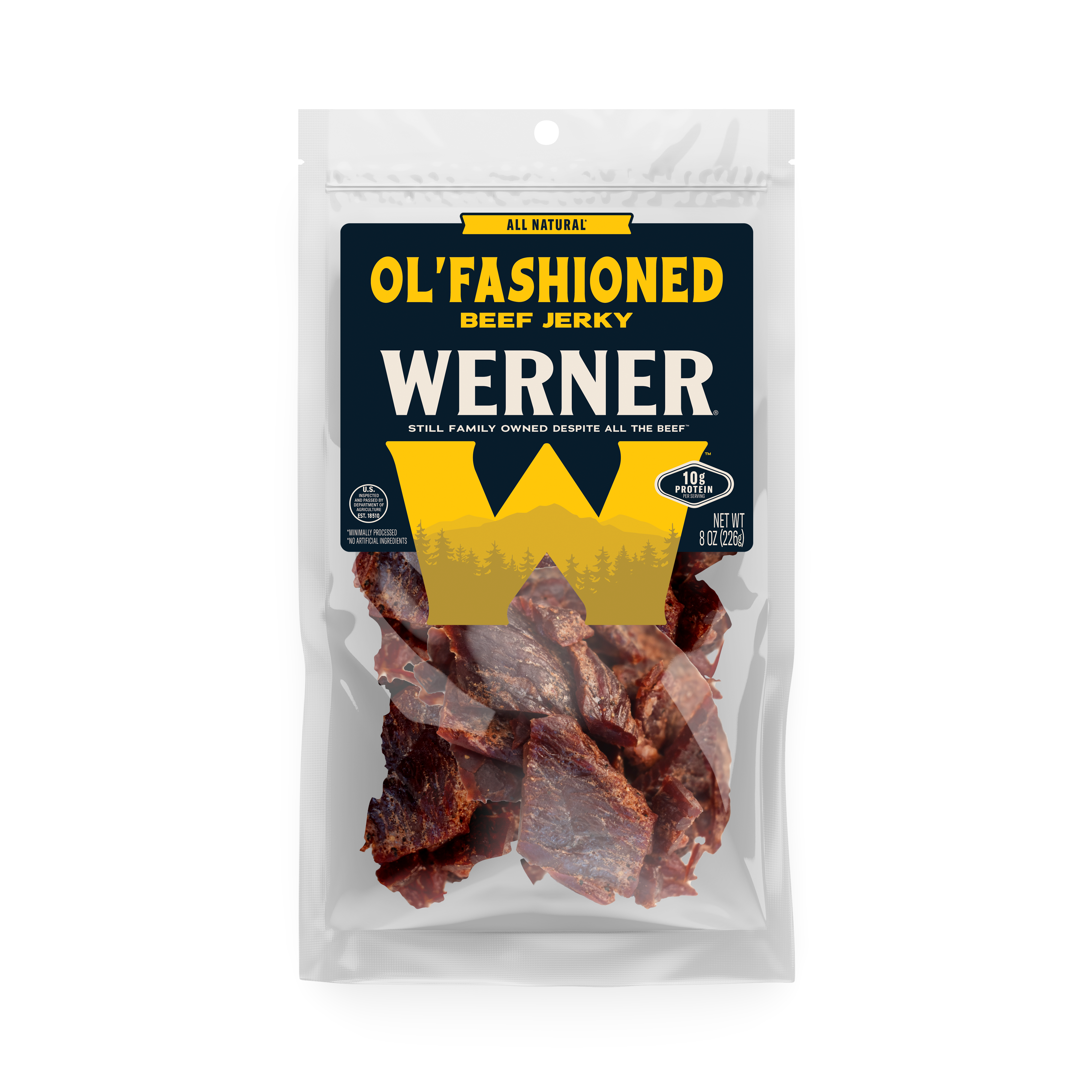 Packaged beef jerky with 'Werner' branding on a white background