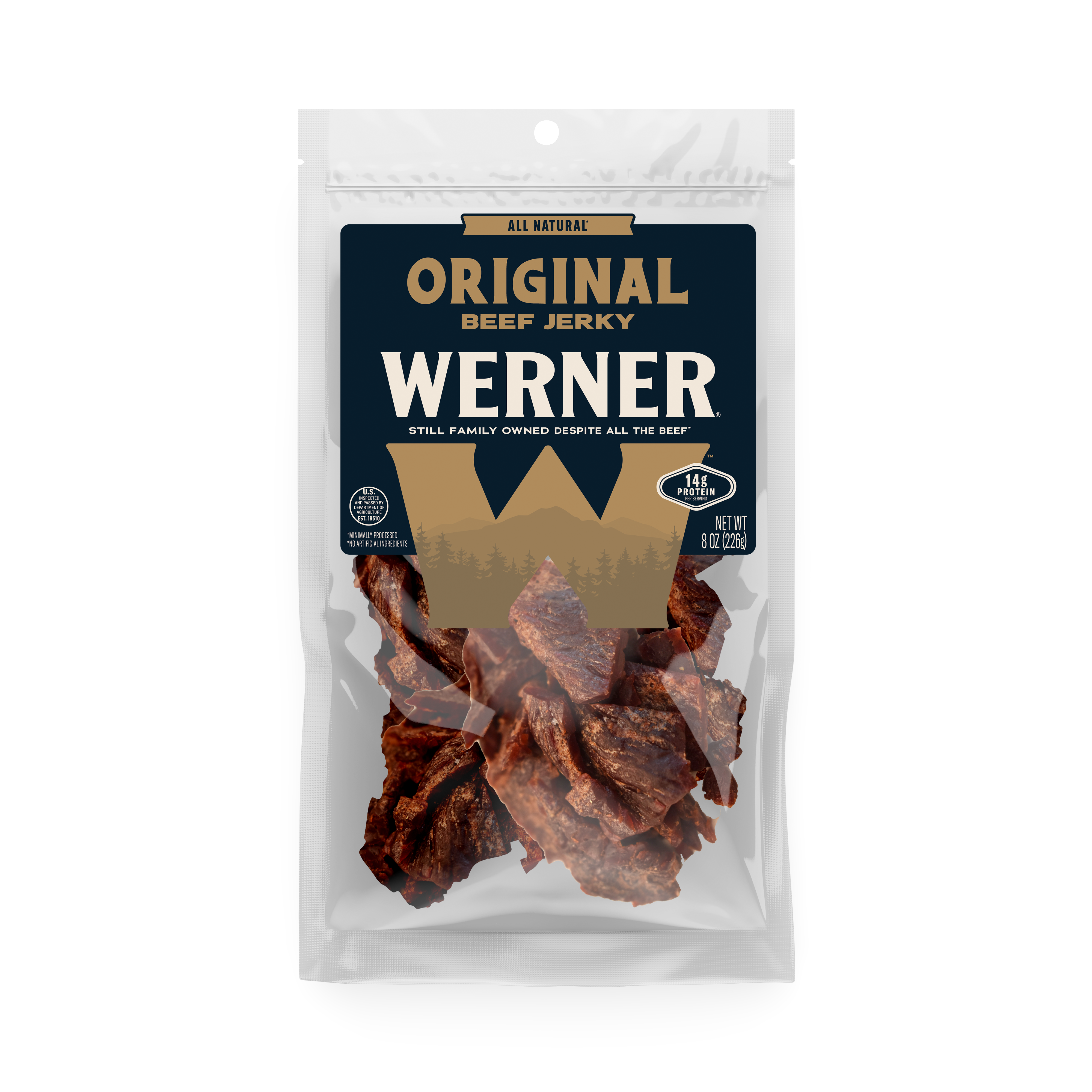 Packaged beef jerky with Werner branding on a white background