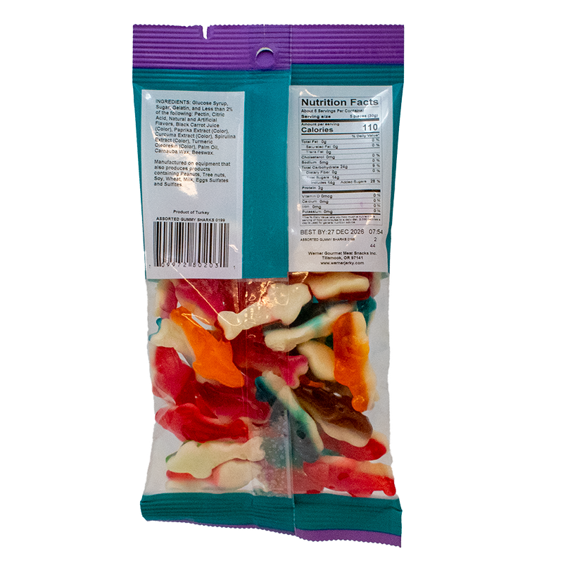 Packaged gummy candies with a colorful label on a white background