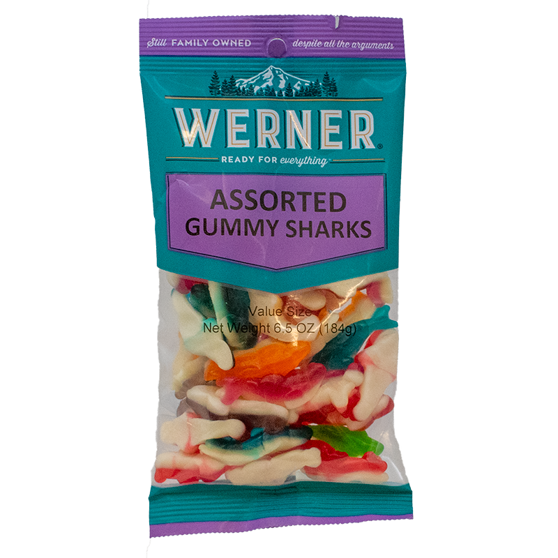 Packaged assorted gummy sharks with Werner brand on a white background