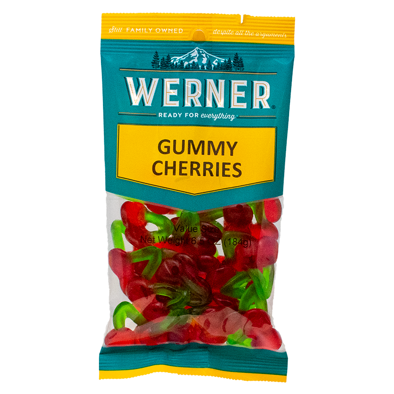 Packaged gummy cherries with Werner branding on a white background