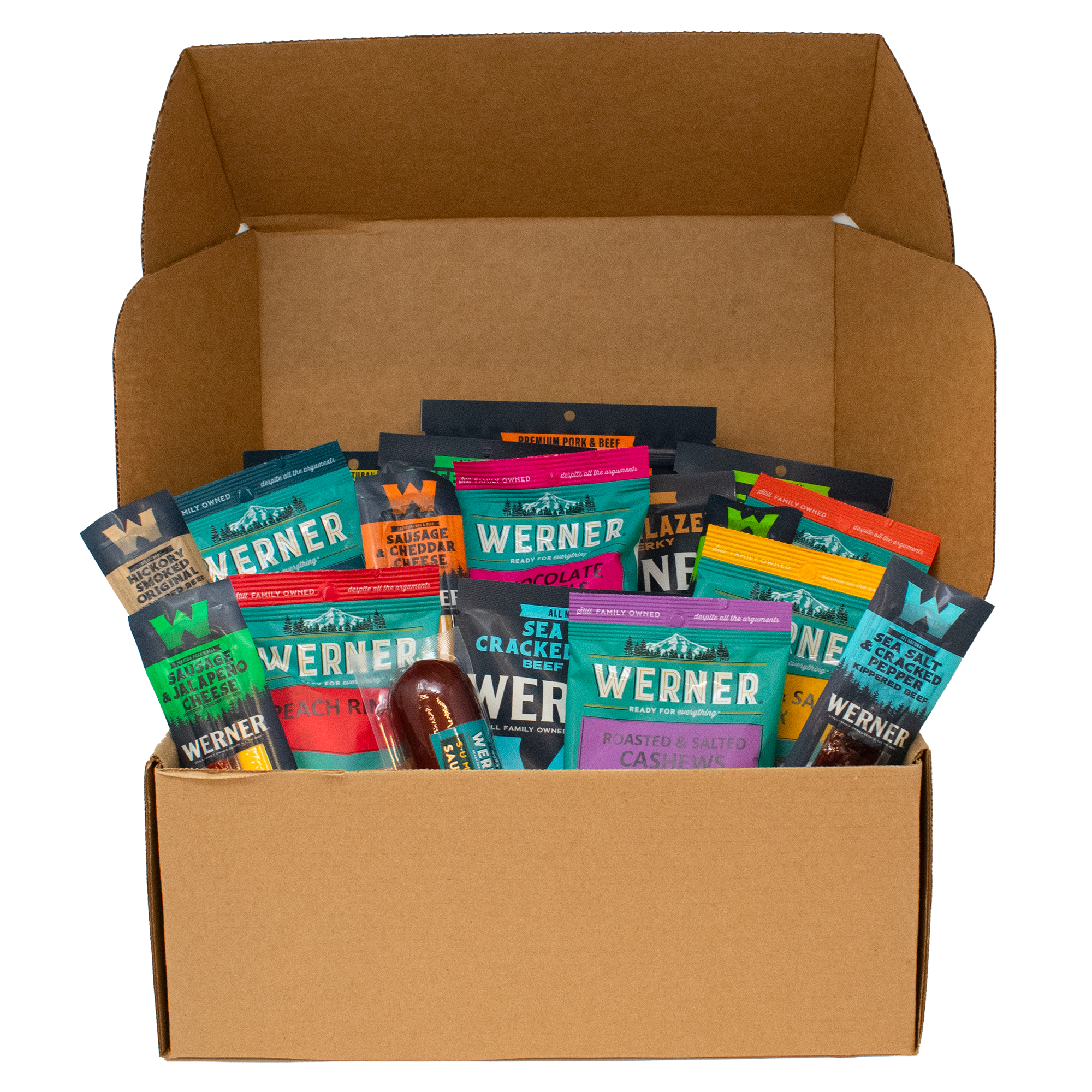 box of Werner snack products, beef jerky, snack sticks, trail mix, candy