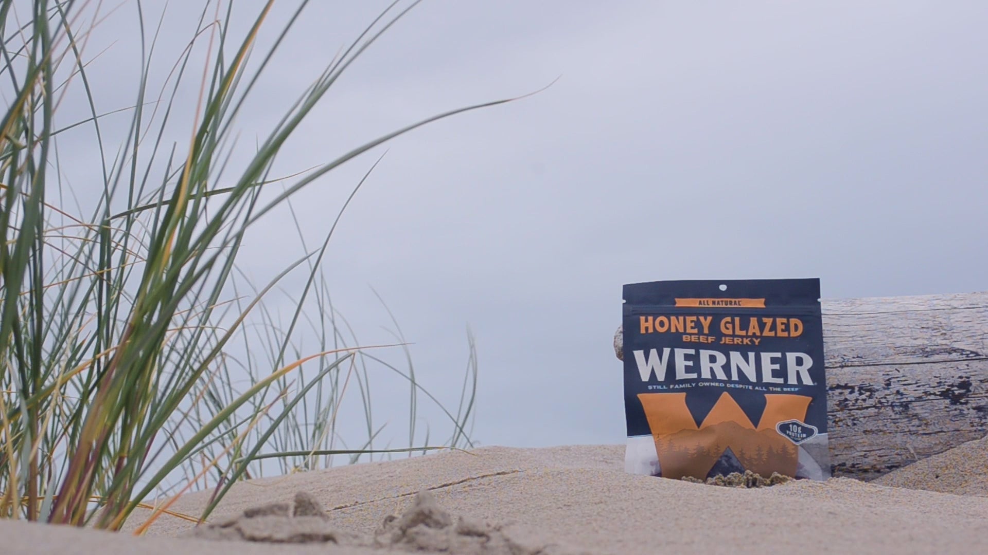 jerky and sausage sticks bag with an ocean dune background