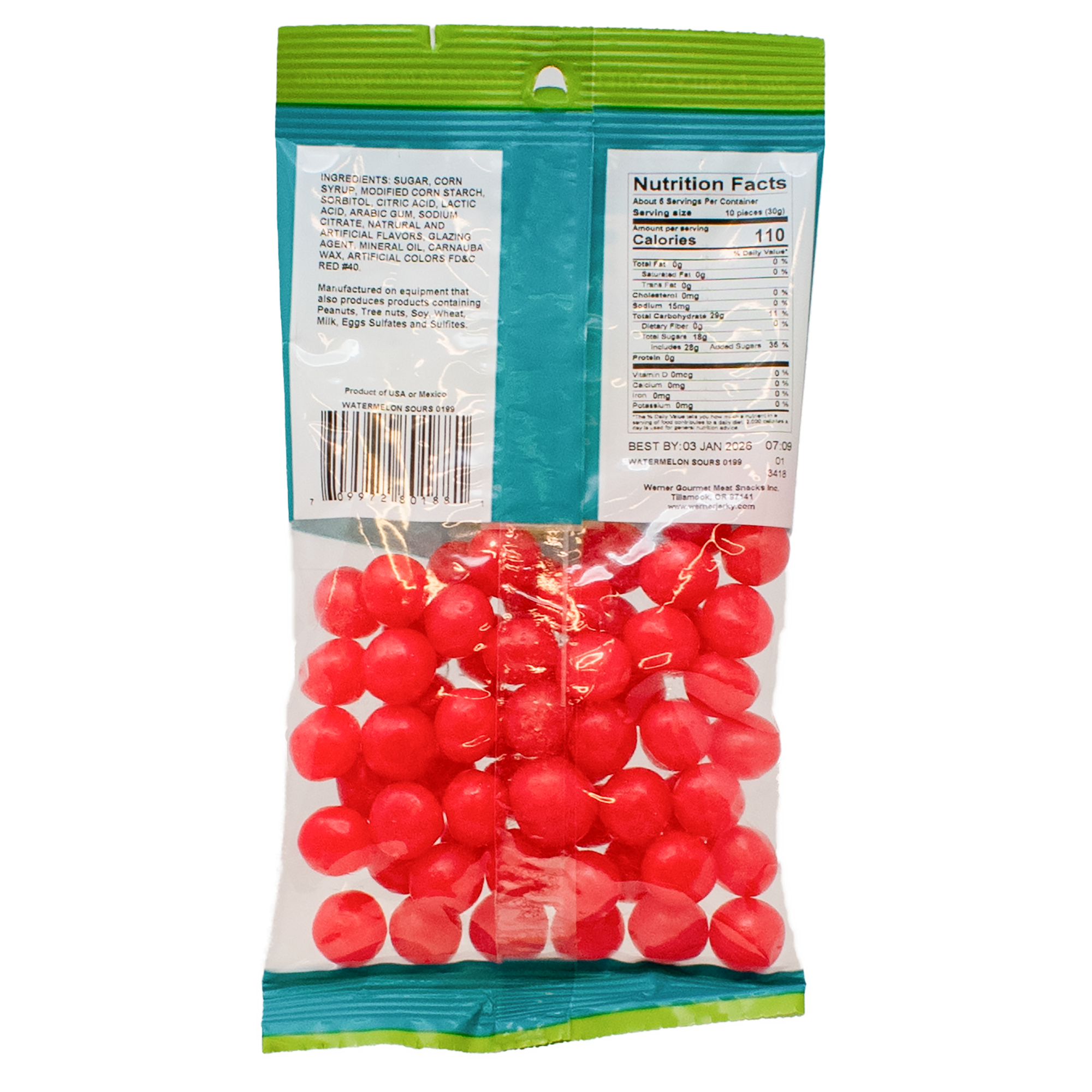 back of a teal and green package showing bright pink round candy through a clear window and nutritional information
