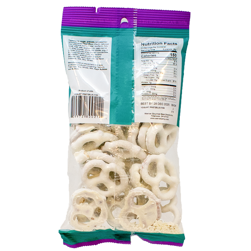back of a purple and teal bag of yogurt covered pretzels showing nutritional information and product through a clear window