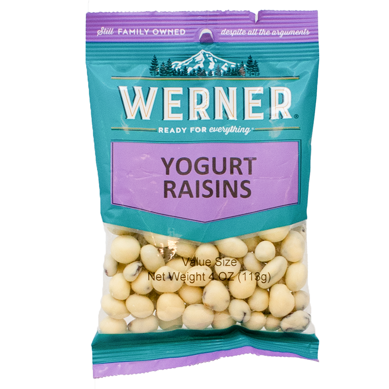 A plastic bag of Werner brand yogurt raisins. The bag is transparent, allowing the contents to be seen, with a purple label displaying the product name and value size.