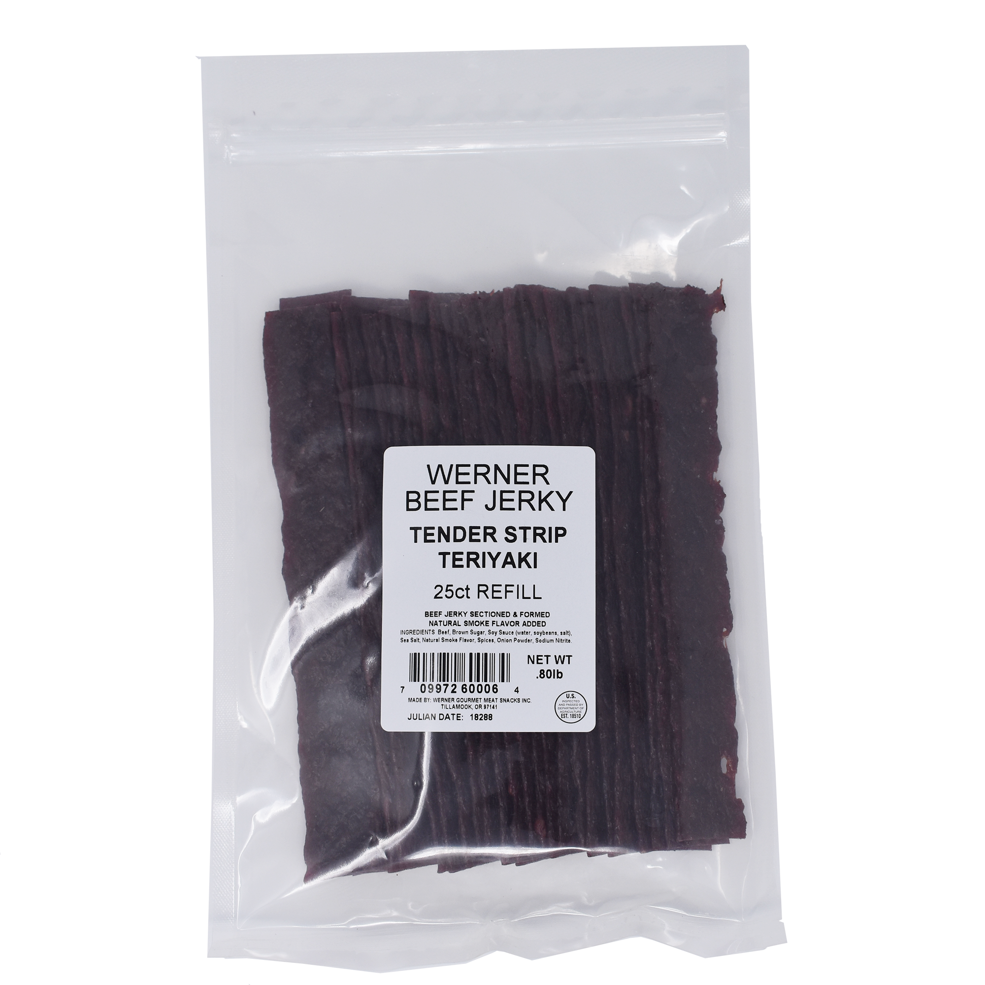 Packaged Tender Strip Teriyaki Beef Jerky in a clear plastic bag with a label showing the brand and product name.